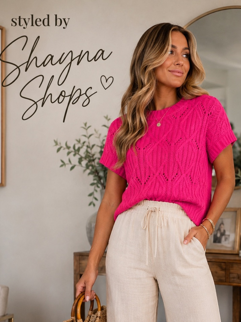Zenana Hot Pink Open Knit Short Sleeve Sweater Top